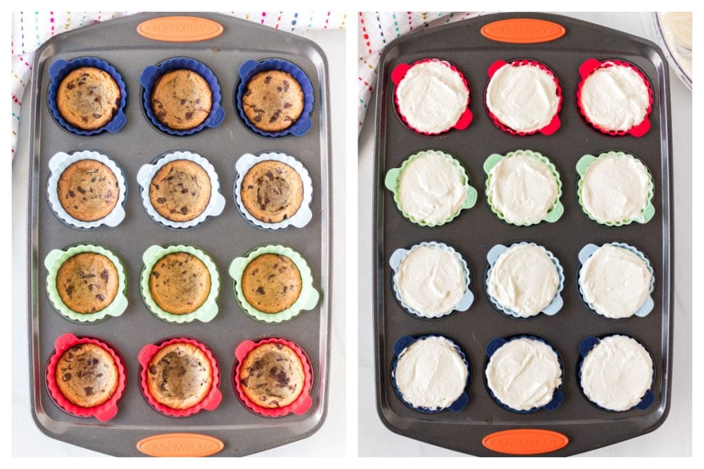 collage of overhead shots of cookie cups in a muffin pan.