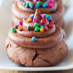 chocolate cookie topped with chocolate buttercream and rainbow chips.