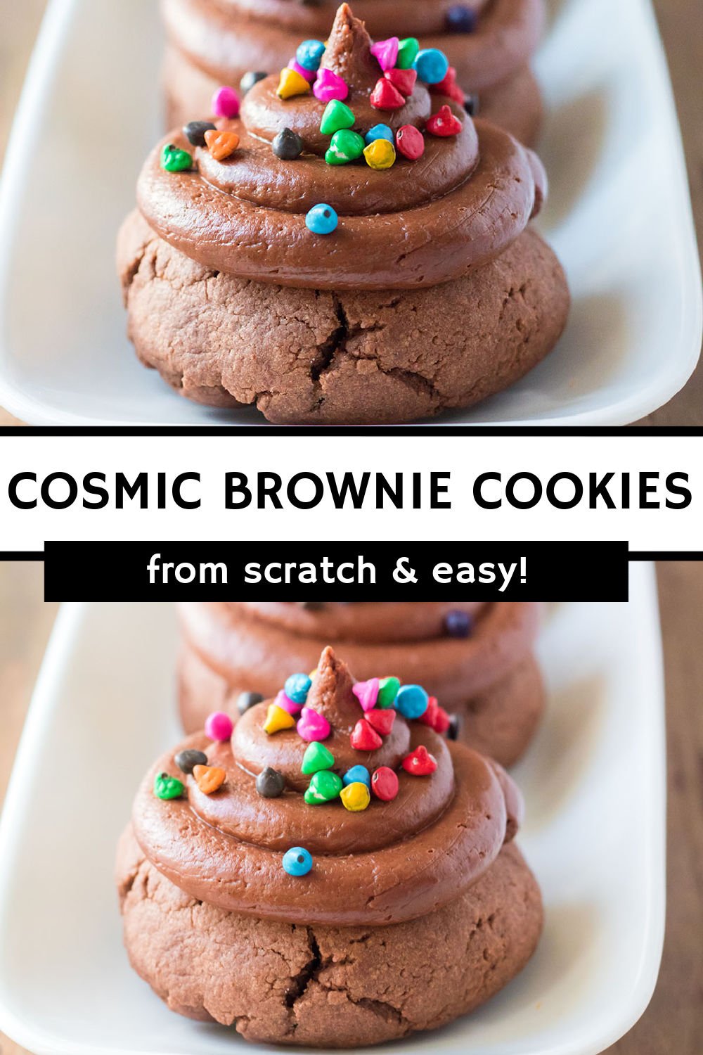 Cosmic Brownie Cookies - soft, fudgy chocolate cookie base topped with a rich and decadent homemade chocolate buttercream with fun rainbow chips. It's nostalgia in a cookie! | www.persnicketyplates.com