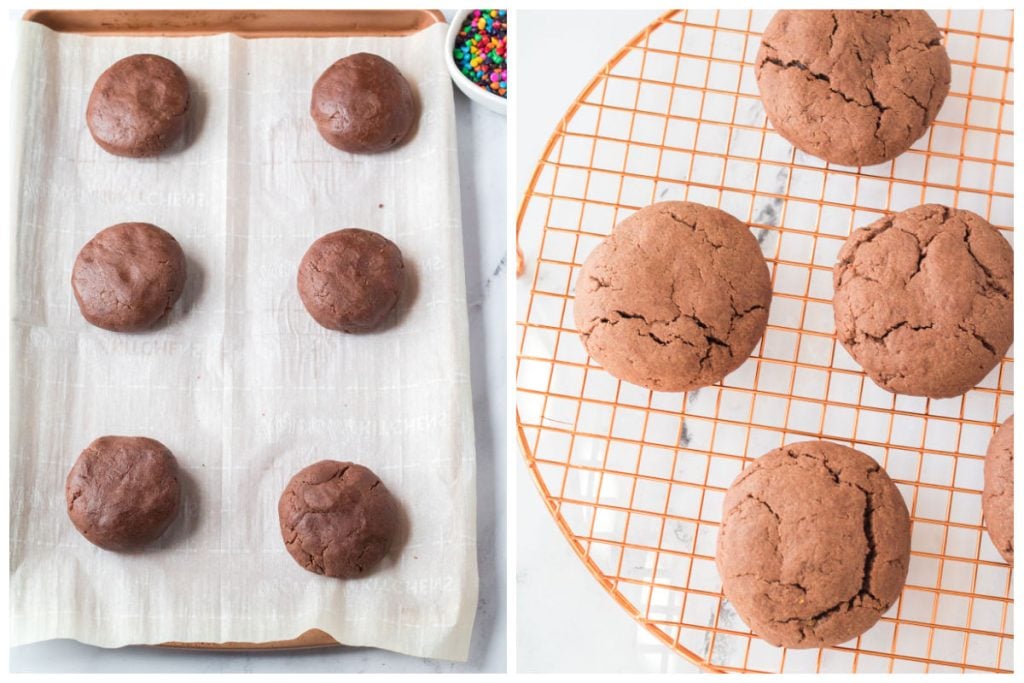 collage of two photos showing cookie dough balls on baking sheet and cooled on a rack.