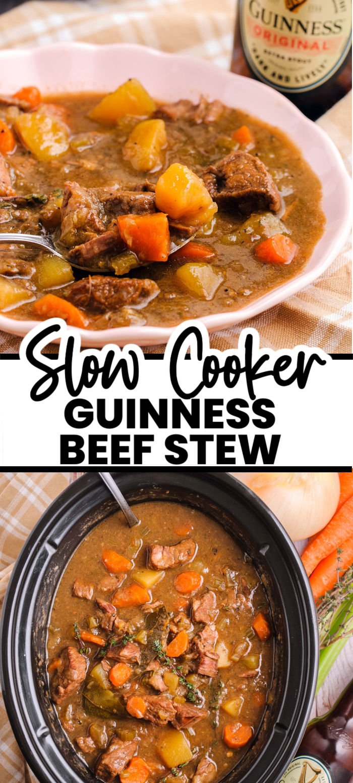 Crockpot Irish Guinness Beef Stew - A classic Irish beef stew with a Guinness base, packed with potatoes, carrots, and tender slow-cooked beef. Full of fresh herbs, this stew evokes a feeling of true comfort on cold winter nights. | www.persnicketyplates.com