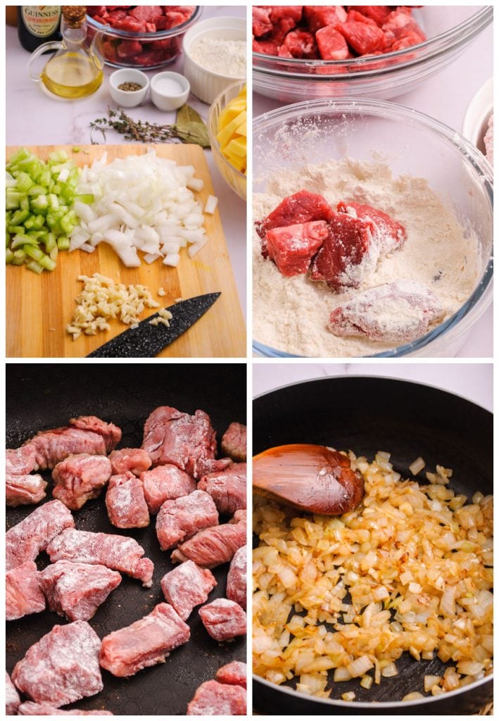 collage of 4 photos showing diced veggies and cubed beef prepping for stew.