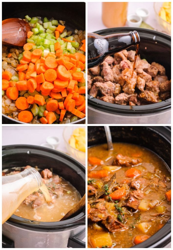 collage of 4 photos showing veggies and beef going into the crockpot for stew.