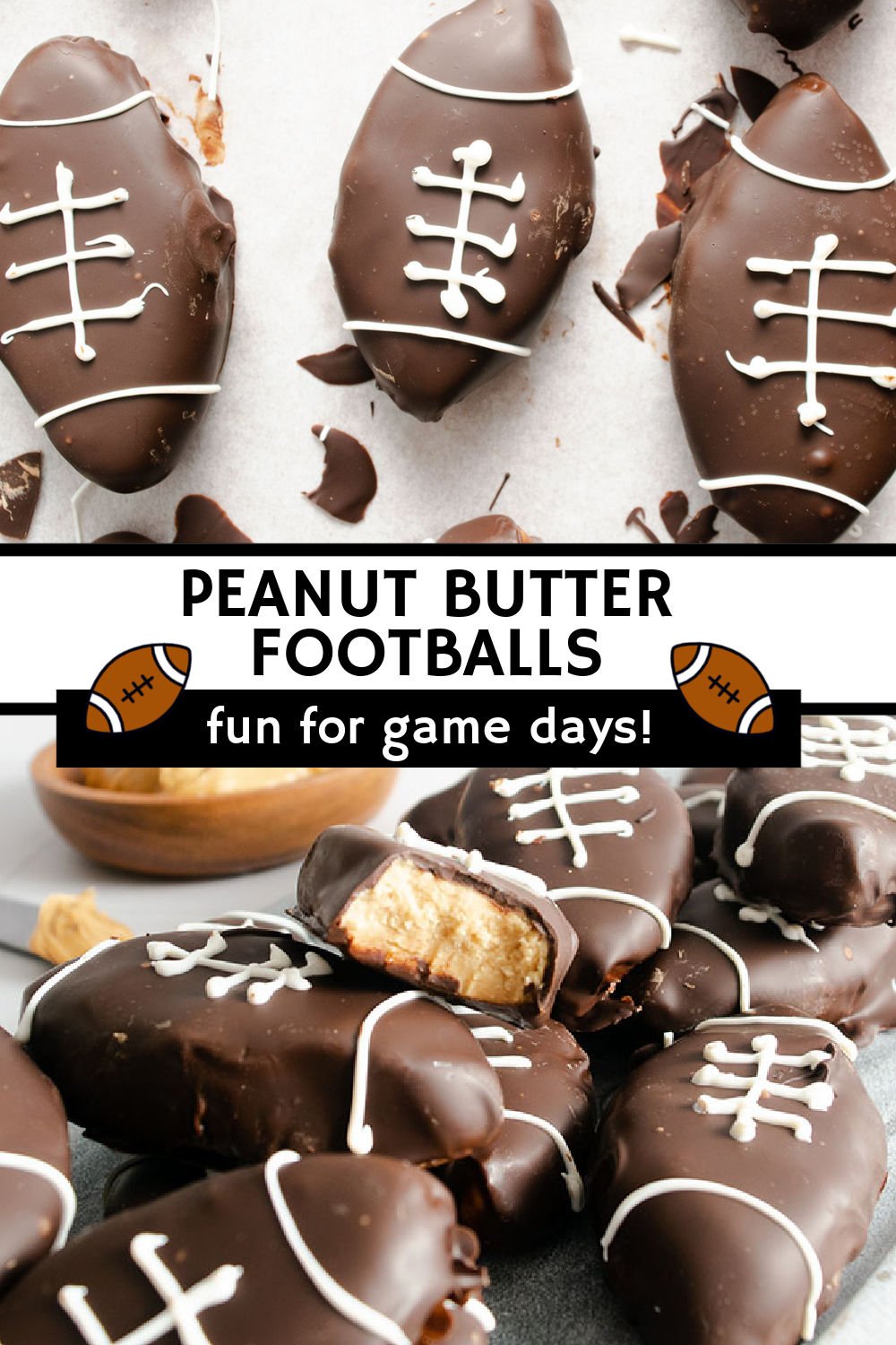 Chocolate Covered Peanut Butter Footballs are a fun game day treat. Creamy peanut butter shaped footballs dipped in dark chocolate and topped with white chocolate "laces", these easy footballs are the perfect tailgate dessert! | www.persnicketyplates.com