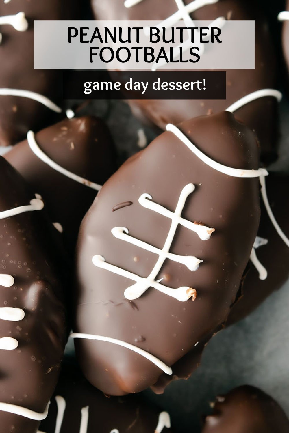 Chocolate Covered Peanut Butter Footballs are a fun game day treat. Creamy peanut butter shaped footballs dipped in dark chocolate and topped with white chocolate "laces", these easy footballs are the perfect tailgate dessert! | www.persnicketyplates.com