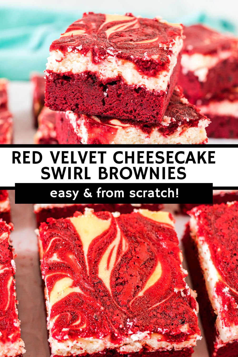 Red Velvet Cheesecake Swirl Brownies are made from scratch but so easy! A rich, red velvet brownie topped with a creamy cheesecake topping - swirled together for a dessert that is as pretty as it is delicious! | www.persnicketyplates.com