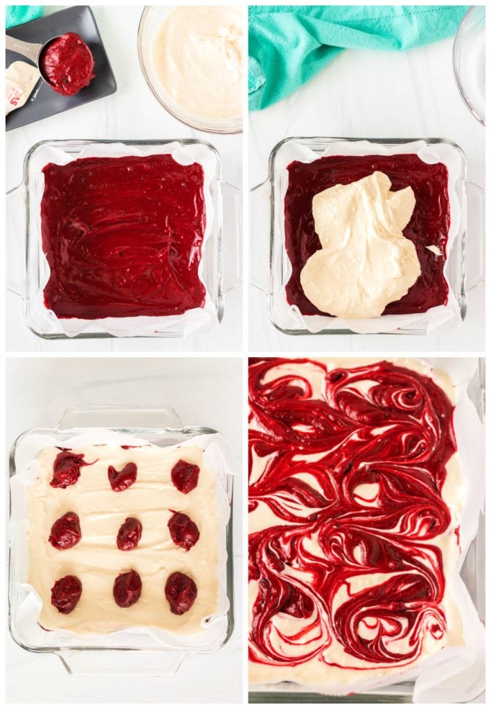 collage of four photos showing the process of red velvet cheesecake brownie layers swirling together.