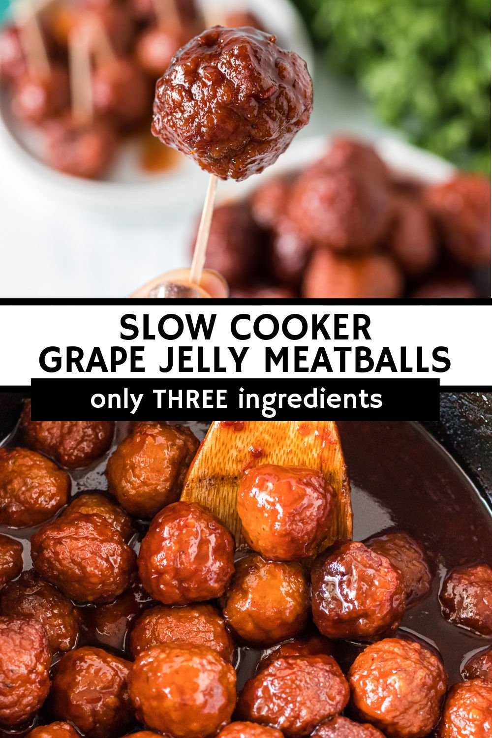 Tender meatballs slow cooked in a simple grape jelly and chili sauce. These meatballs make for the perfect simple savory party appetizer or easy dinner idea! | www.persnicketyplates.com