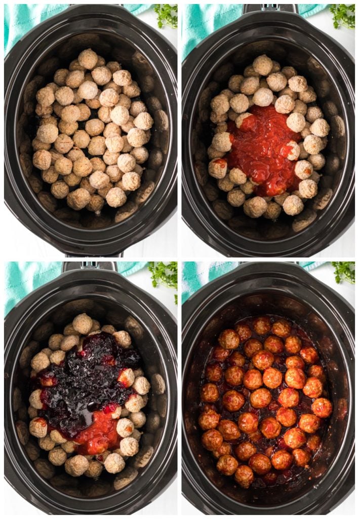 collage of 4 photos showing the process of making grape jelly meatballs in the crockpot.