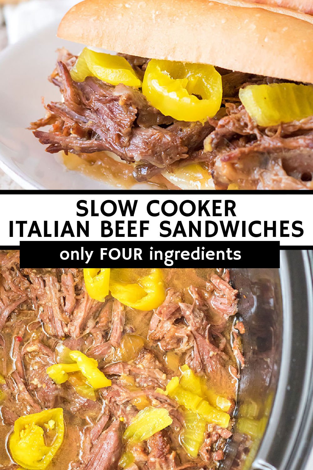 Take five minutes to throw four ingredients into the crockpot to make this Slow Cooker Italian Beef. After a few hours you'll have zesty and filling shredded beef that you can pile onto a crusty bun and top with cheese and peppers for a delicious sandwich. | www.persnicketyplates.com