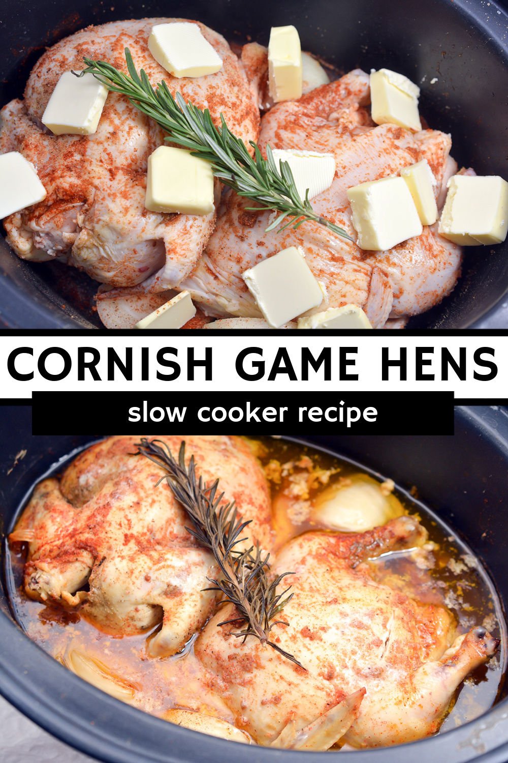 Slow Cooker Cornish Hen -  fall of the bone juicy and delicious whole chicken made right in your crockpot. Fresh rosemary, garlic, onion powder, paprika, and thyme simmer in a chicken broth and butter stock for a mouthwatering, flavor-infused chicken like no other.  | www.persnicketyplates.com
