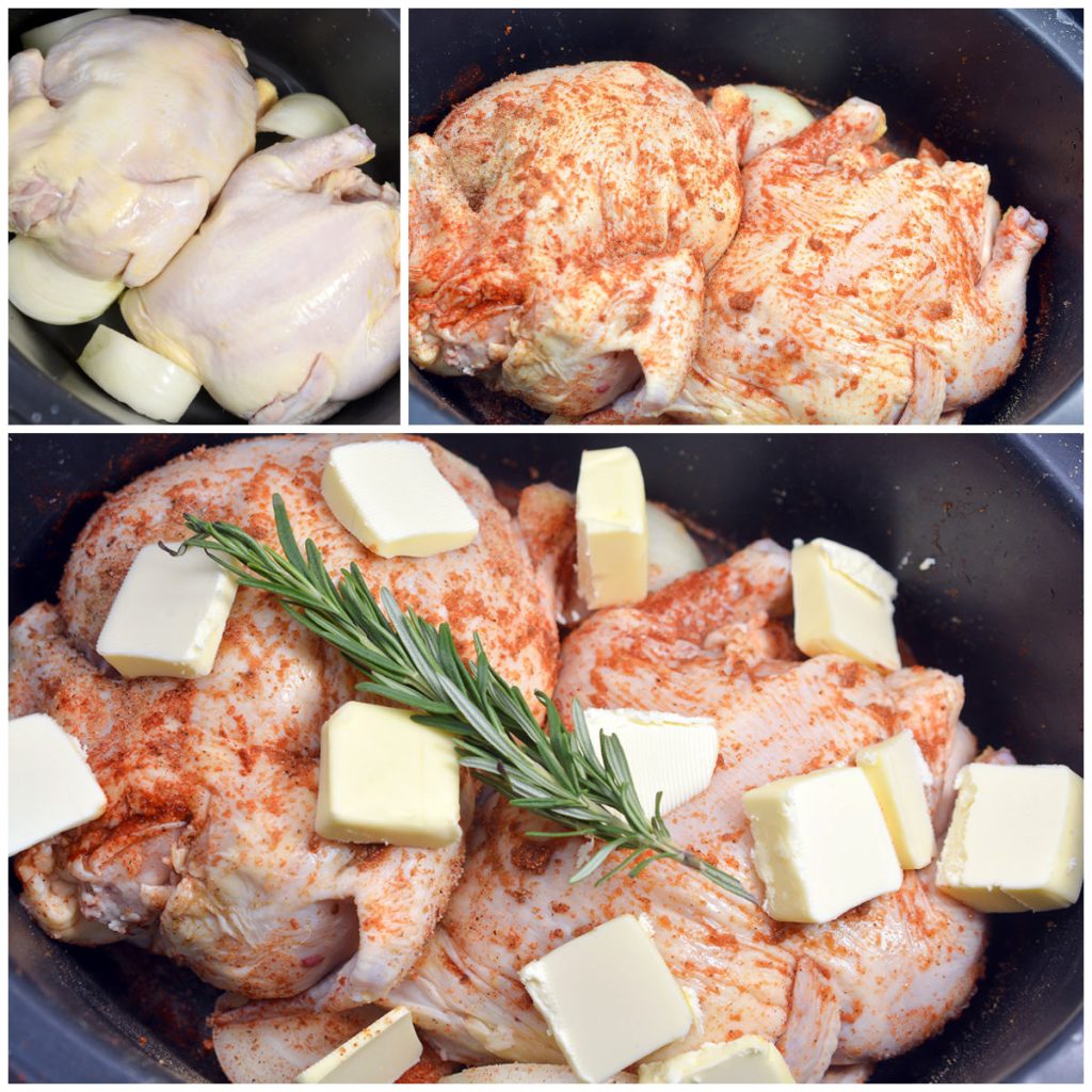 collage of 3 photos showing raw cornish game hens in a crockpot.
