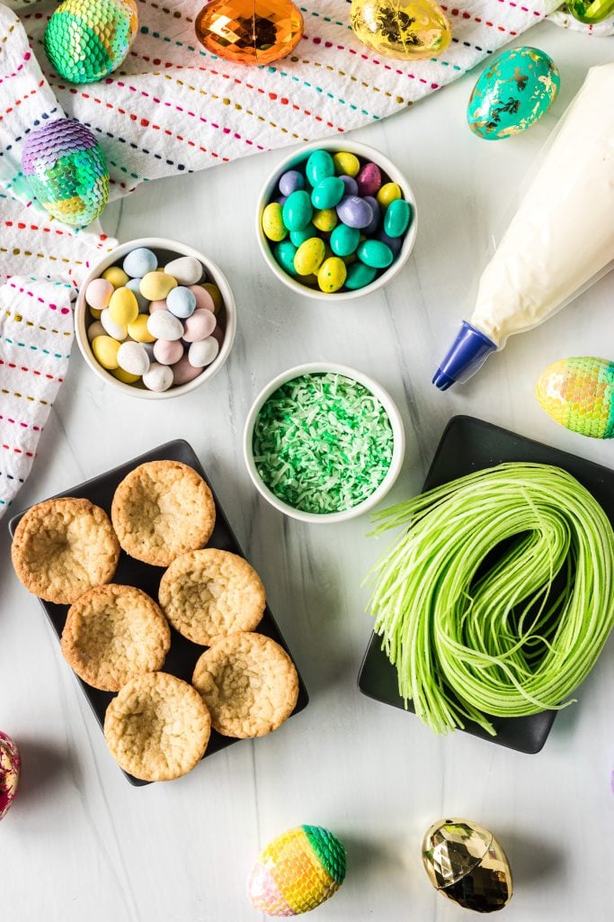 overhead shot of ingredients laid out to make easter cookie cups.