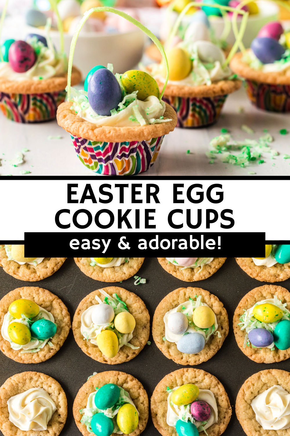 Adorable and easy Easter Basket Cookie Cups start with a sugar cookie cup that is filled with frosting, topped with dyed green coconut, stuffed with egg shaped candies, and finished with an edible grass handle. These simple treats are fun to make with kids and serve on an Easter dessert table. | www.persnicketyplates.com
