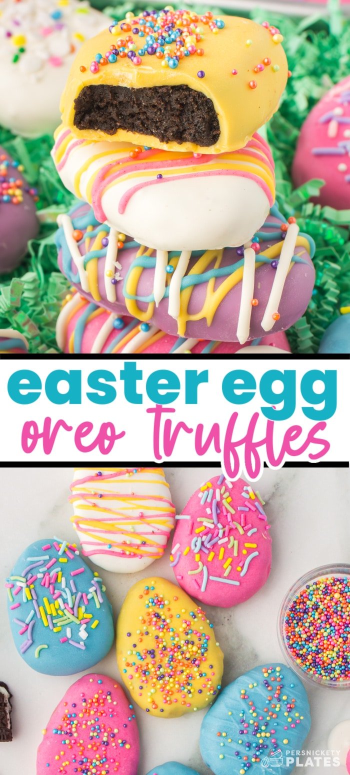 Easter Egg Oreo Truffles are no-bake, made with just five ingredients, fun for kids to decorate, and the perfect addition to an Easter sweets table. | www.persnicketyplates.com