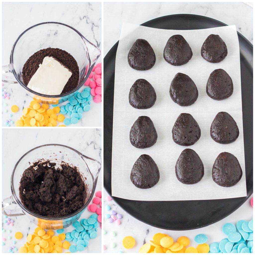 collage of 3 photos showing the process of making easter egg shaped oreo truffles.