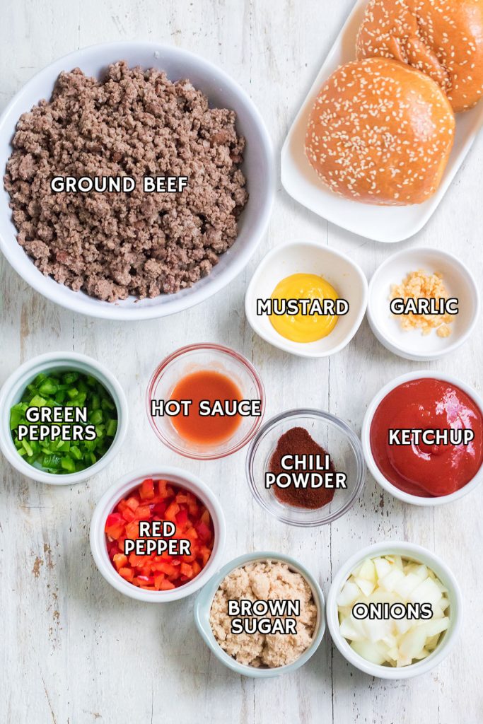 overhead shot of labeled ingredients laid out to make sloppy joes.