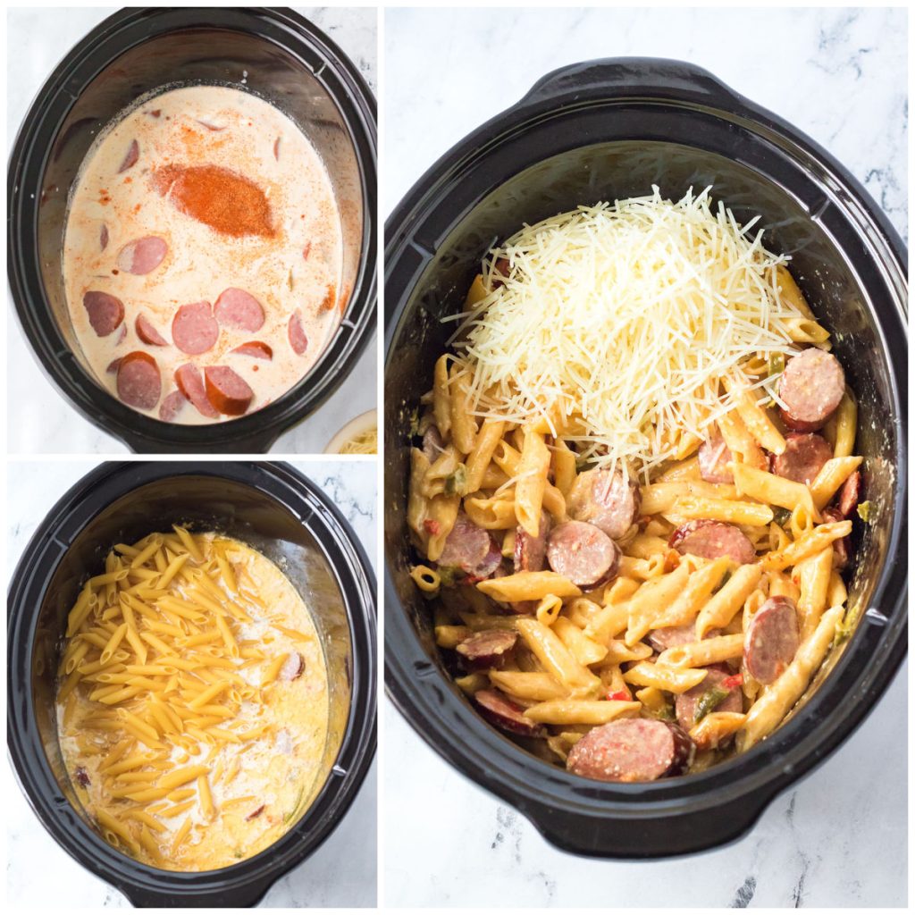 collage of 3 photos showing the process of making chicken pasta in a slow cooker.