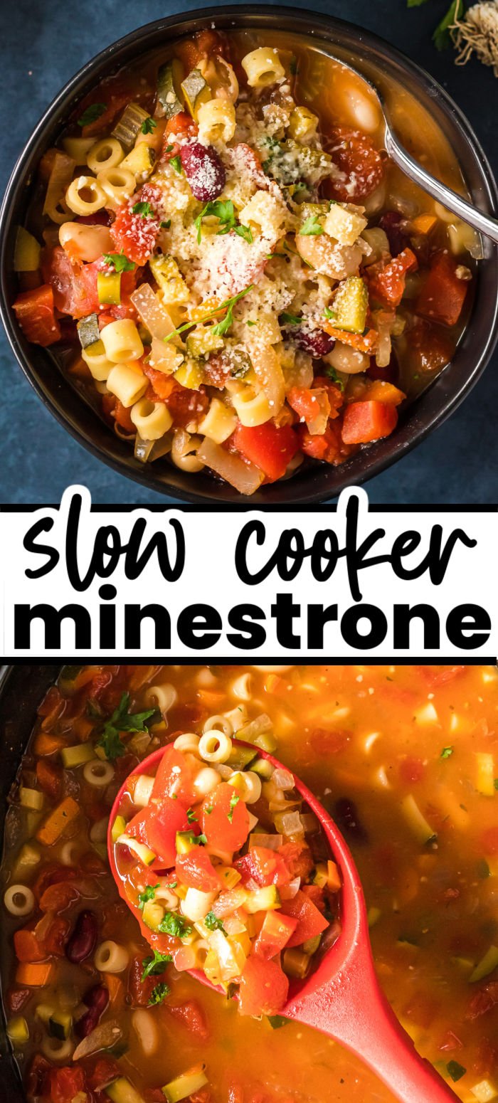 Slow Cooker Minestrone Soup -  This Italian favorite features a full-bodied broth seasoned with Italian herbs, onions, and garlic that is slow-cooked all day with a variety of fresh vegetables, protein-packed beans, and cute ditalini pasta. | www.persnicketyplates.com