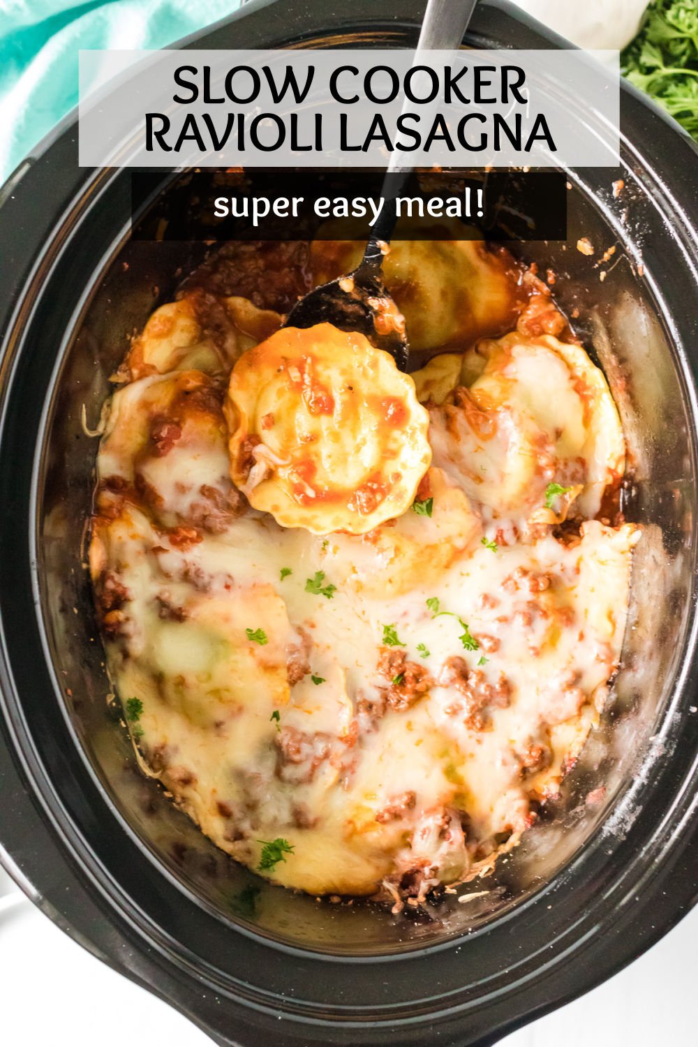 This shortcut slow cooker ravioli lasagna is made with only FOUR ingredients right in the crockpot. Start with your favorite ravioli, pair it with ground beef, pasta sauce, and mozzarella cheese for a lazy lasagna that the whole family will love. | www.persnicketyplates.com