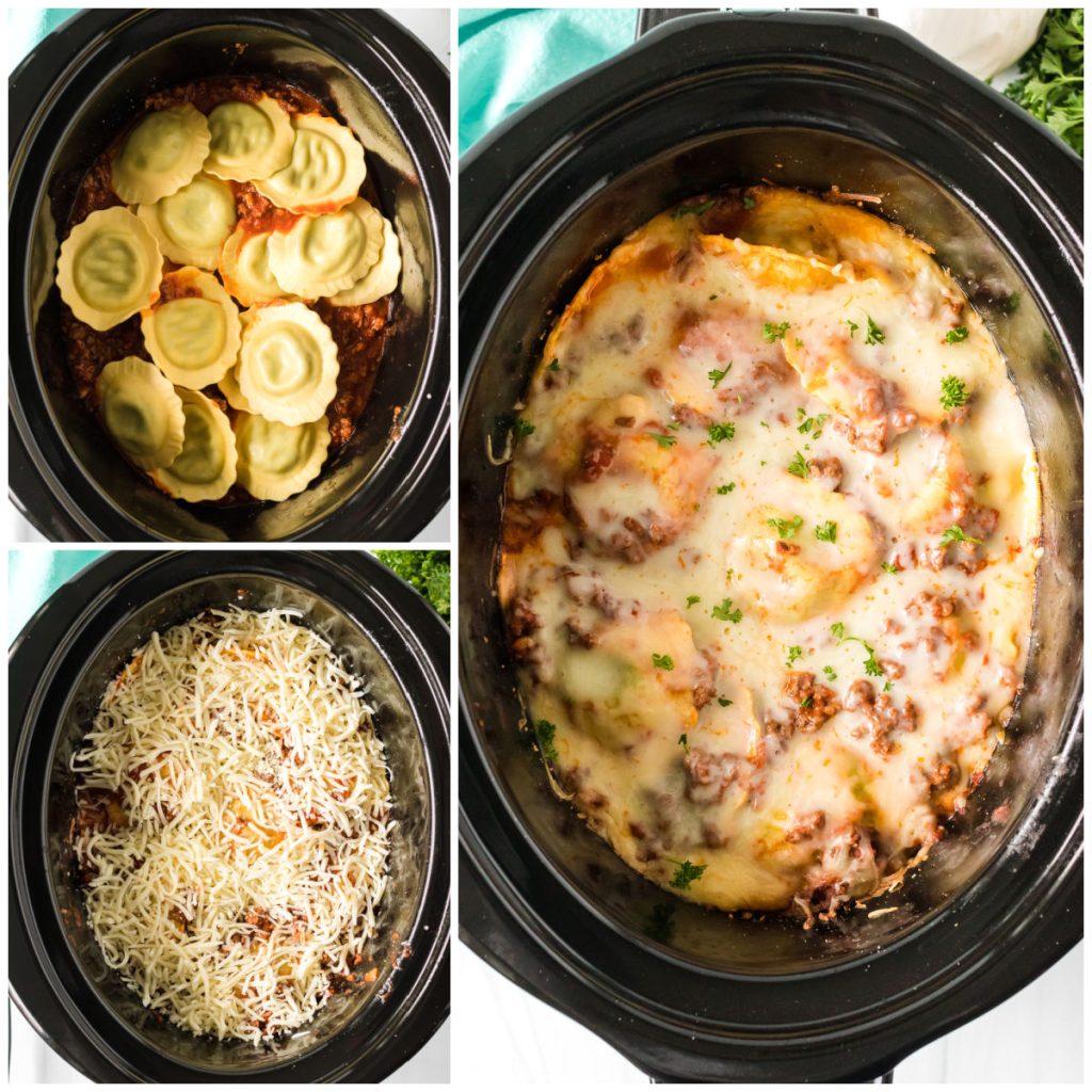 collage of three photos showing ravioli in the slow cooker topped with cheese.