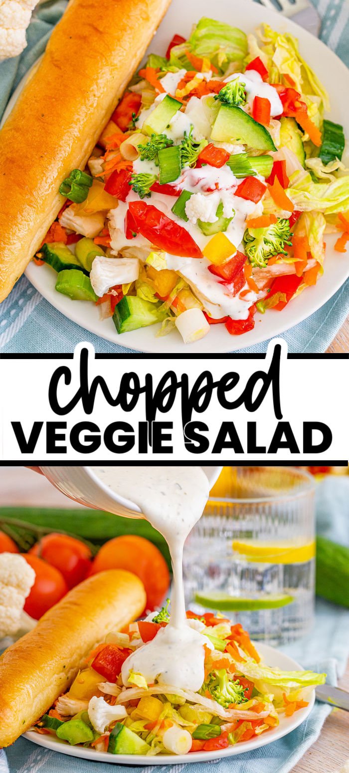 Easy Vegetable Chopped Salad - shredded iceberg lettuce topped with sweet and crunchy bell peppers, tangy tomatoes, shredded carrots, broccoli florets, diced cucumbers, and tasty cauliflower make for the perfect side salad for any meal. | www.persnicketyplates.com