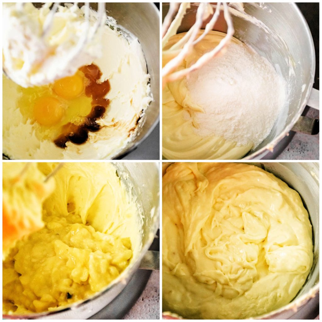 collage of 4 photos showing the process of making banana pudding cheesecake.