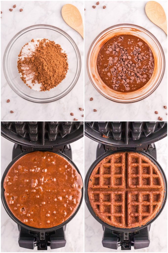 collage of 4 photos showing the process of making chocolate waffles in a waffle iron.