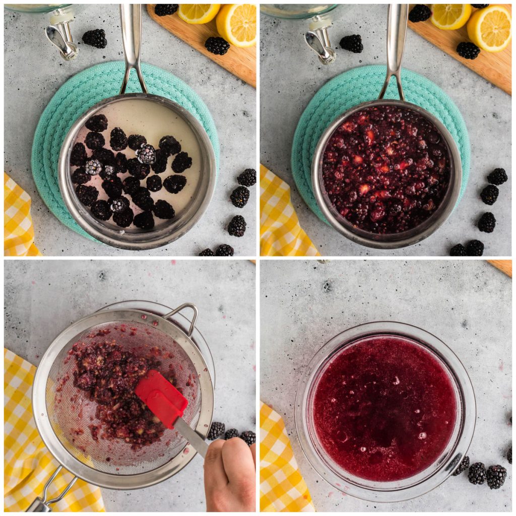 collage of overhead shots showing a pan making blackberry simple syrup.