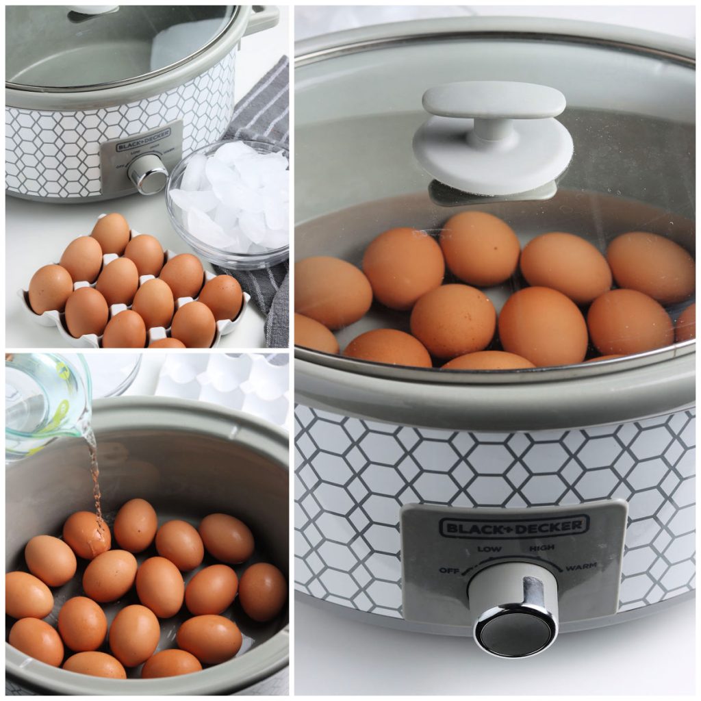 collage of 3 photos showing the process of making boiled eggs in the crockpot.