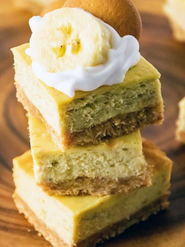 stack of 3 banana pudding cheesecake squares.