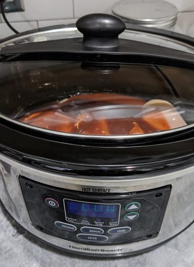 hamilton beach slow cooker filled with chicken.