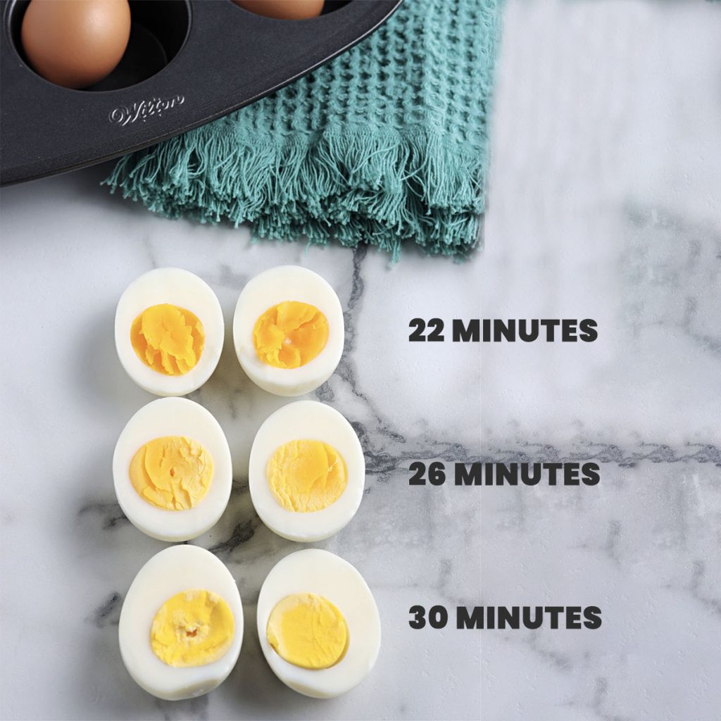 overhead shot of oven baked hard boiled eggs with text overlay showing different cook times.