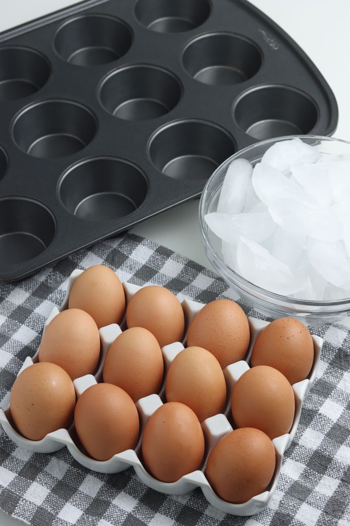 brown eggs sitting next to a muffin tin and a bowl of ice.