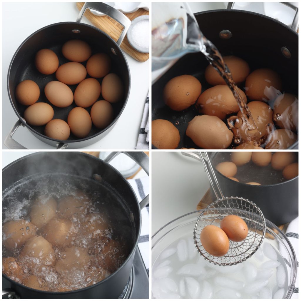 collage of 4 photos showing the process of boiling eggs on the stove.