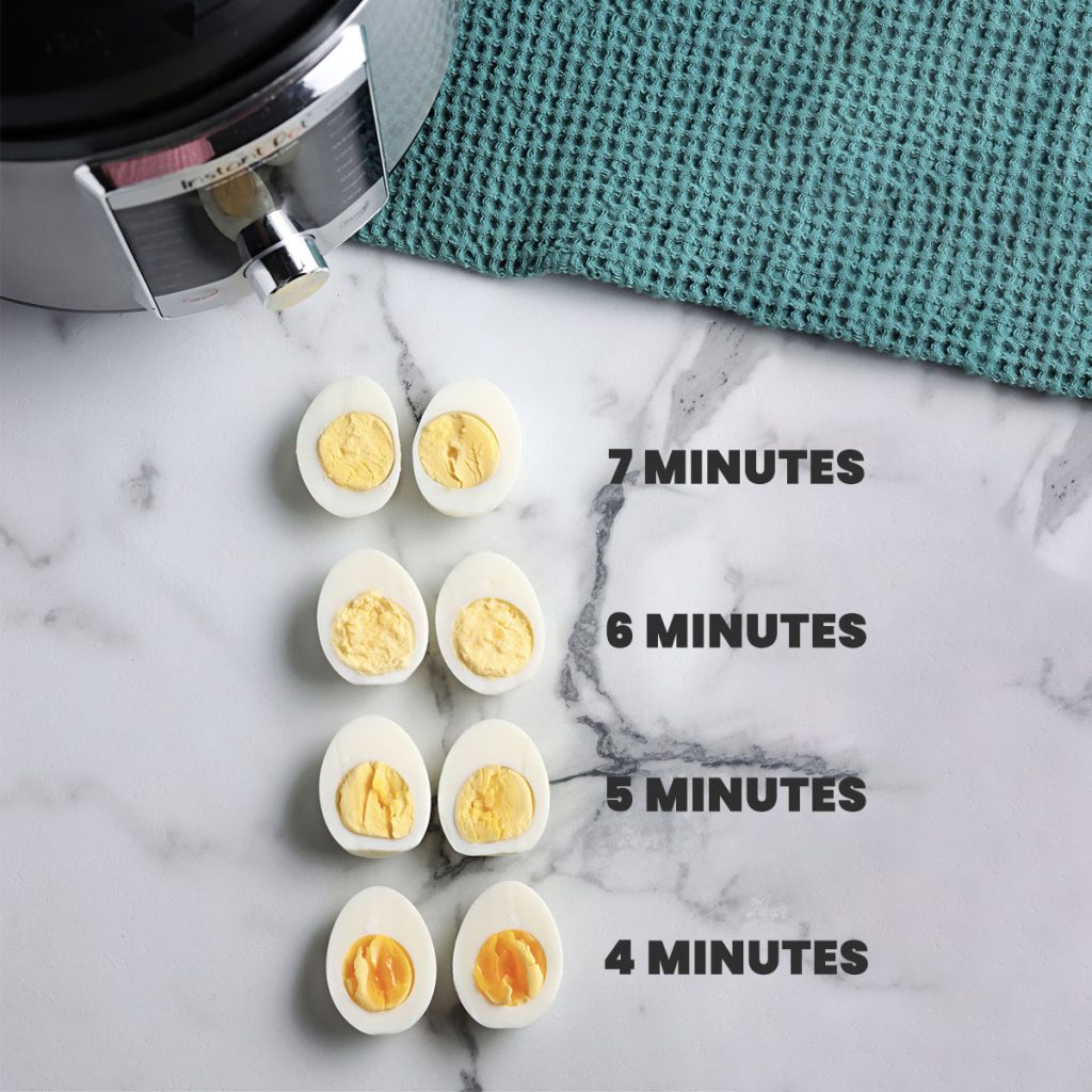 4 sliced eggs in a row showing different IP cook times.