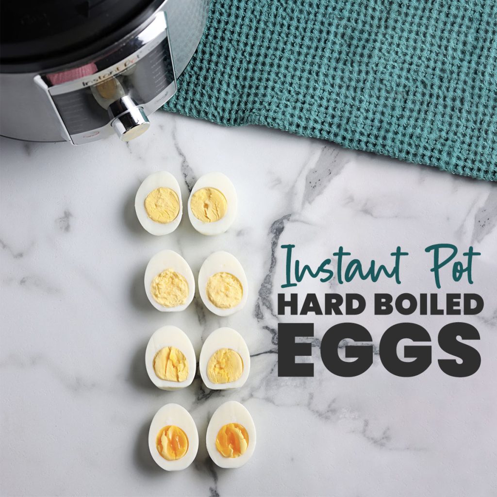 sliced eggs with text overlay reading "instant pot hard boiled eggs". 