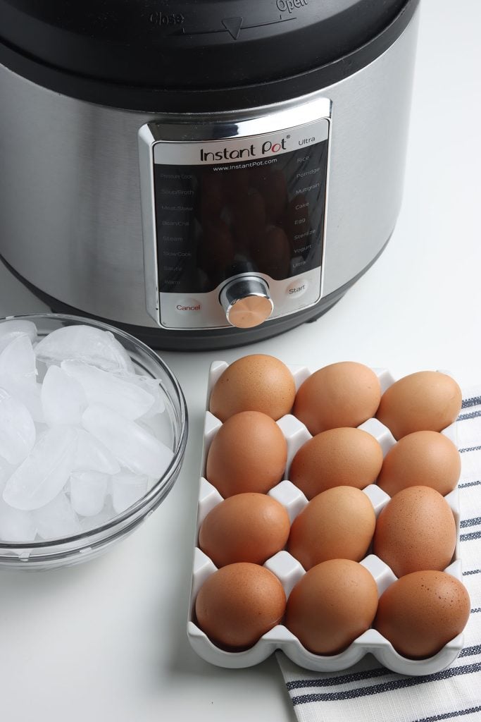 brown eggs, a bowl of ice, and an instant pot.