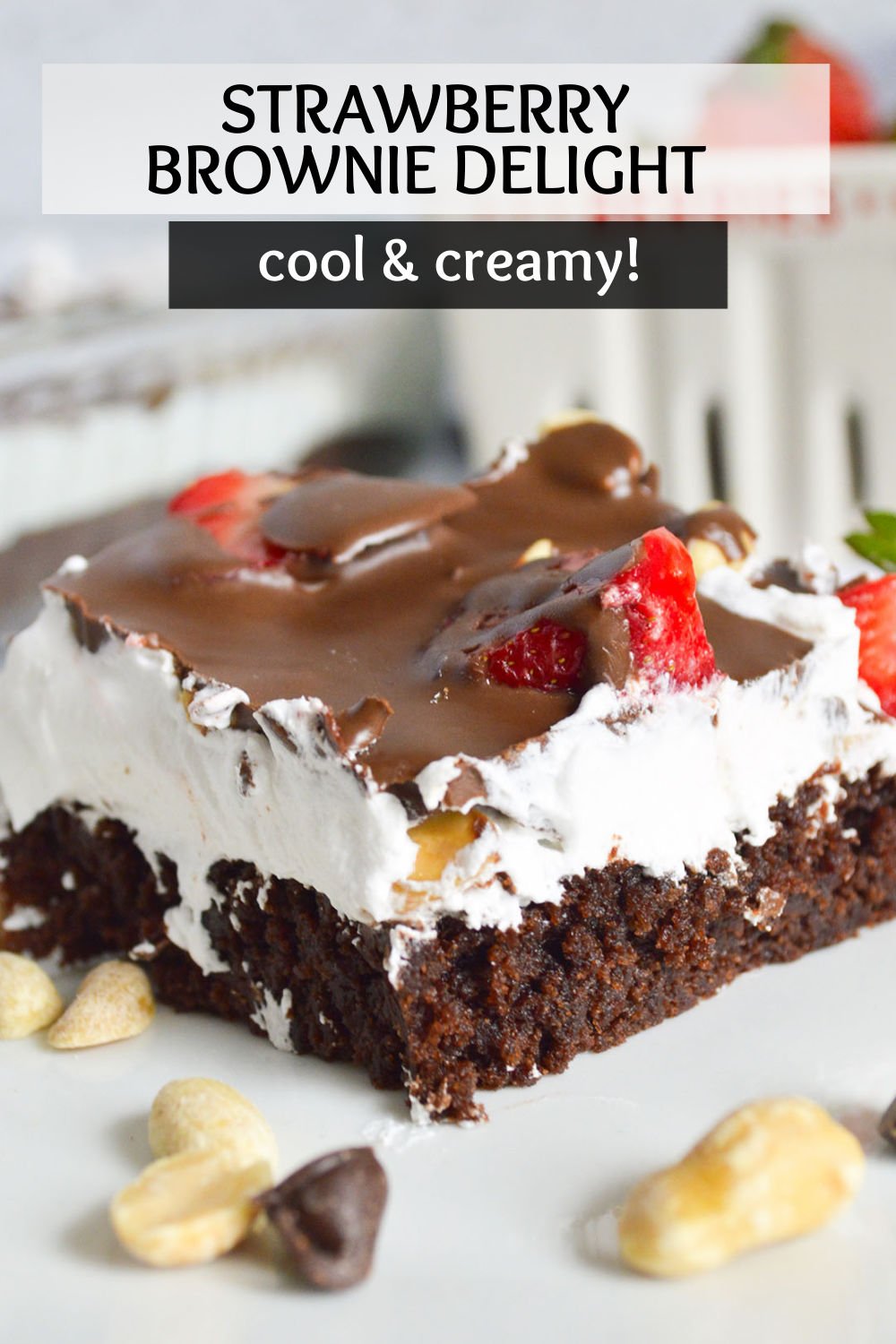 This easy Strawberry Brownie Delight is a fantastic layered dessert with fudgy brownie, whipped topping, slices of juicy, fresh strawberries, all drizzled with chocolate. Delightful, indeed! | www.persnicketyplates.com