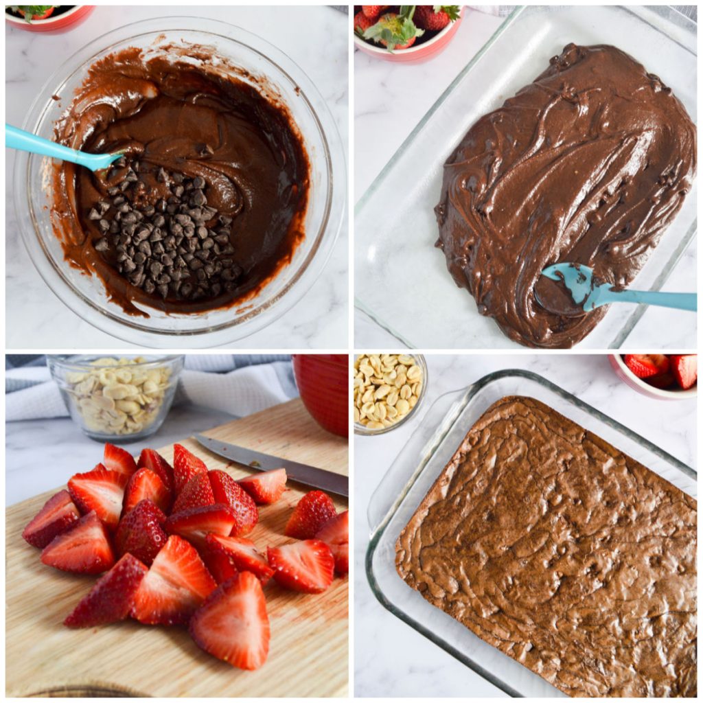 collage of 4 photos showing the process of making brownies in mixing bowl and baking dish.