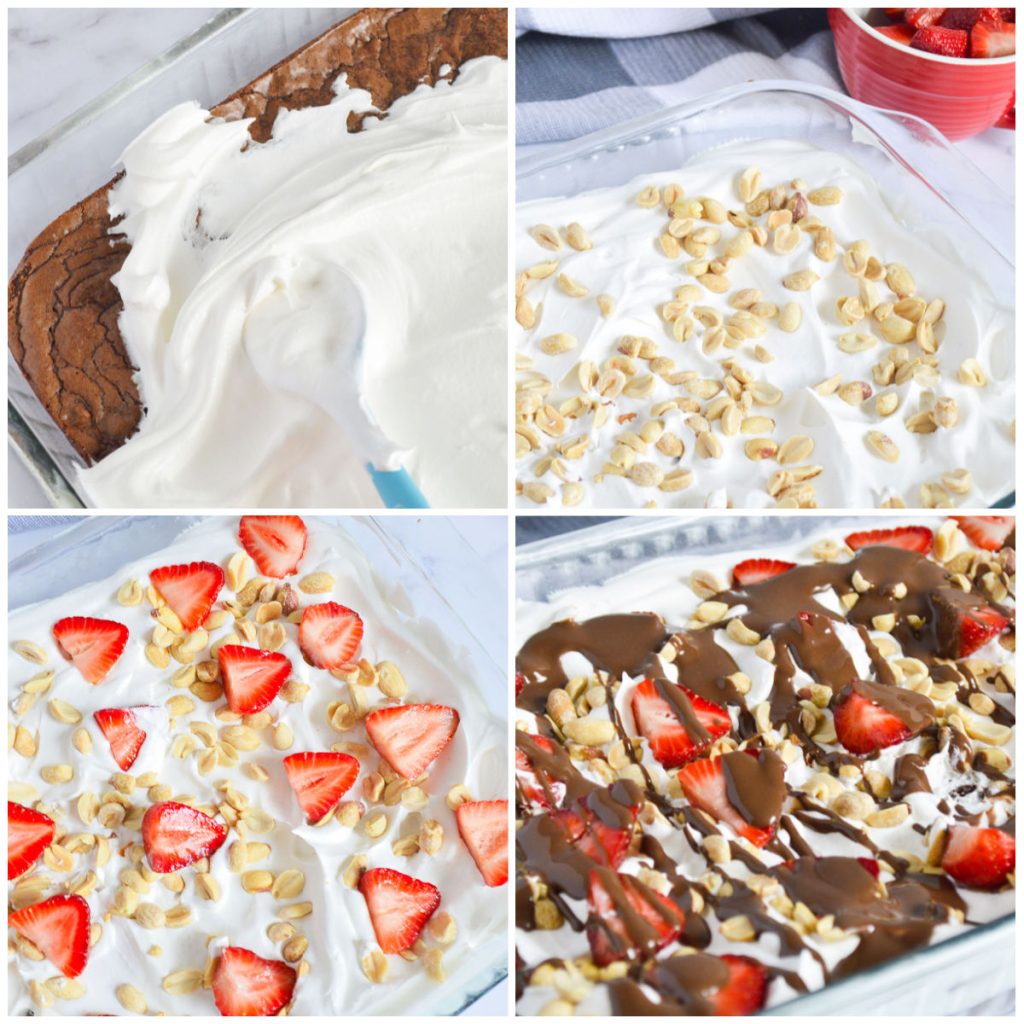 collage of 4 photos showing the process of assembling brownie, whipped cream, strawberries, and chocolate.