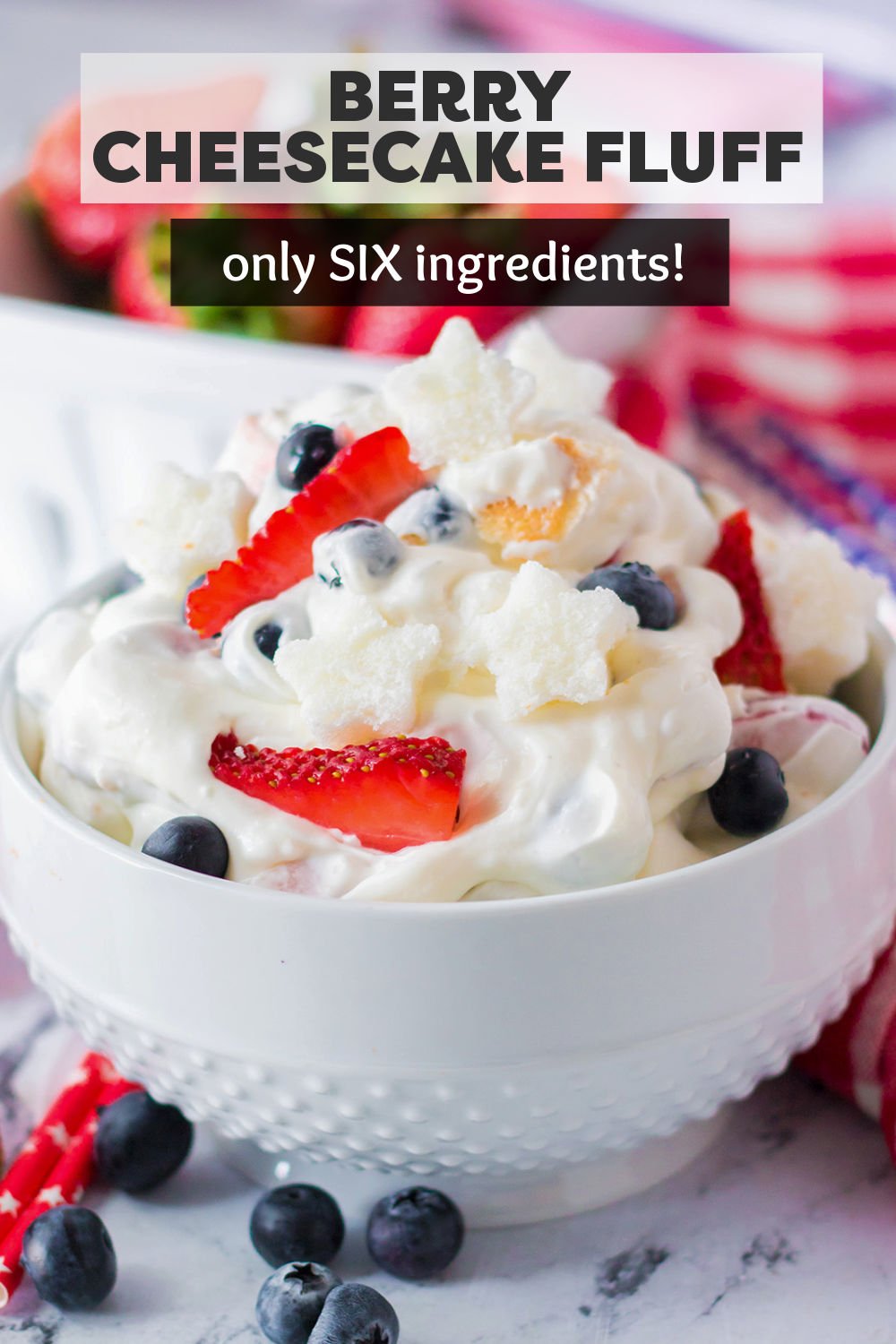 Easy Berry Cheesecake Fluff (sometimes called "fluff salad") is loaded with cream cheese, homemade whipped cream, fresh berries, and chunks of angel food cake. It is full of cheesecake flavor, takes only minutes to prepare, and is a hit at any party! | www.persnicketyplates.com