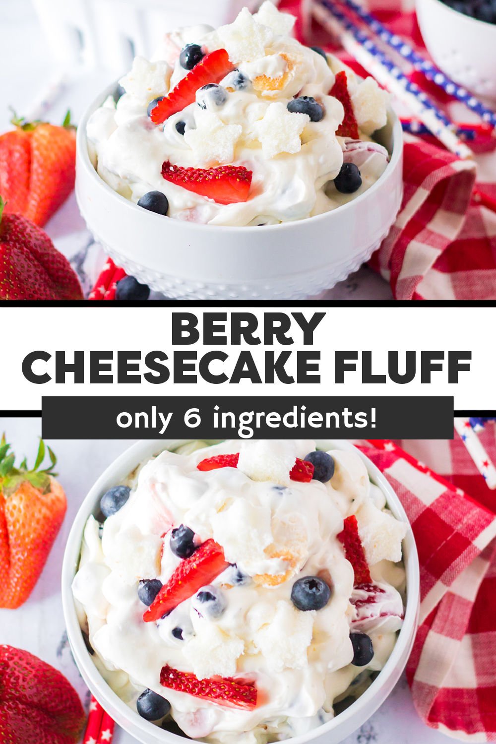 Easy Berry Cheesecake Fluff (sometimes called "fluff salad") is loaded with cream cheese, homemade whipped cream, fresh berries, and chunks of angel food cake. It is full of cheesecake flavor, takes only minutes to prepare, and is a hit at any party! | www.persnicketyplates.com