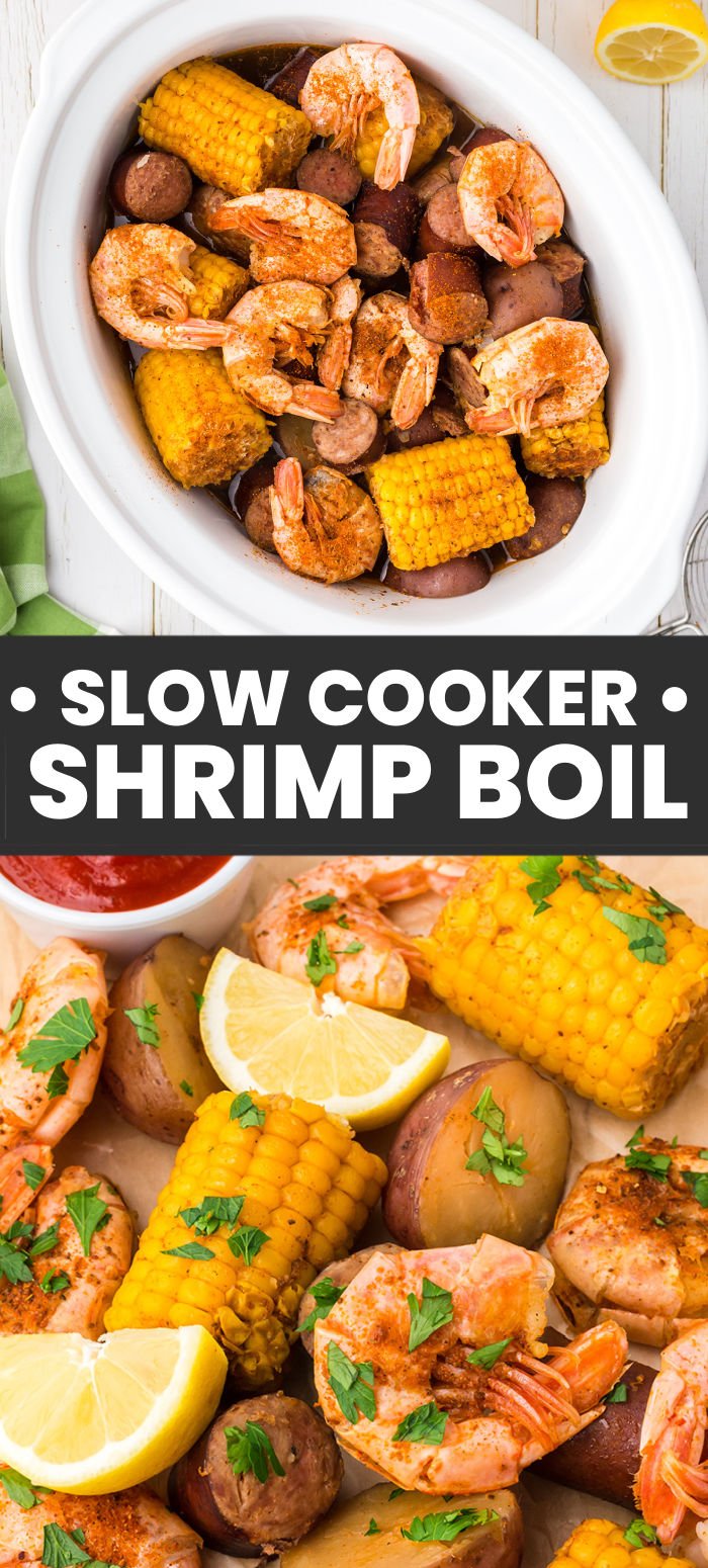 This crock pot shrimp boil is a perfect dinner for any night of the week. Loaded with succulent shrimp, andouille sausage, corn, red potatoes, and of course classic cajun spices, this seafood boil is made so easily in the slow cooker. | www.persnicketyplates.com