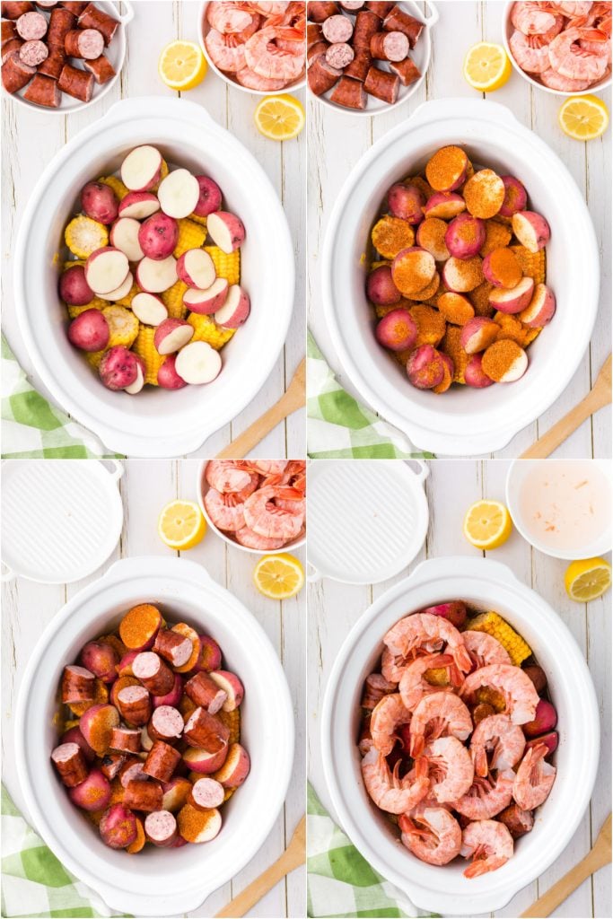 collage of 4 photos showing the process of making a shrimp boil in a slow cooker.