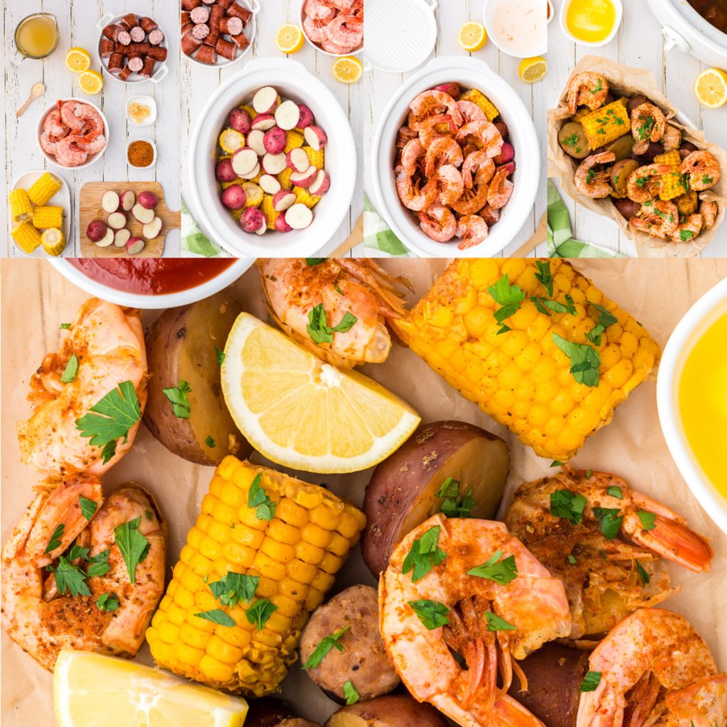 collage of photos showing shrimp boil being made in a slow cooker.