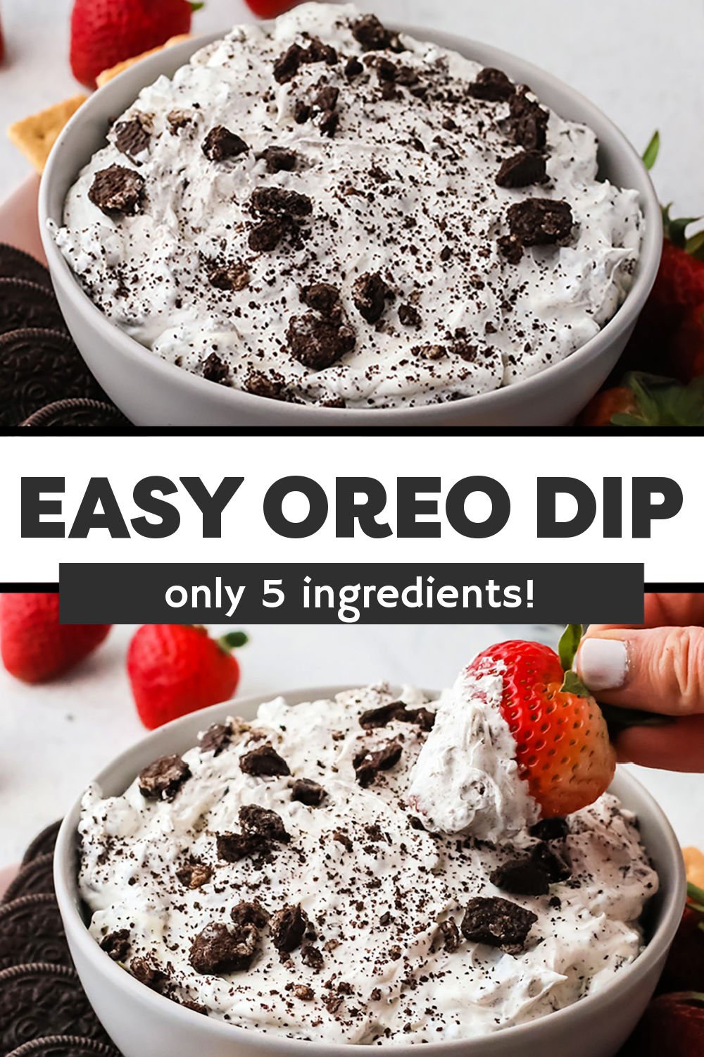 You only need five simple ingredients to make this easy Oreo dip! Loaded with cream cheese, whipped cream, and crushed Oreo cookies, this sweet dip is perfect for dipping strawberries, nilla wafers, and more. | www.persnicketyplates.com