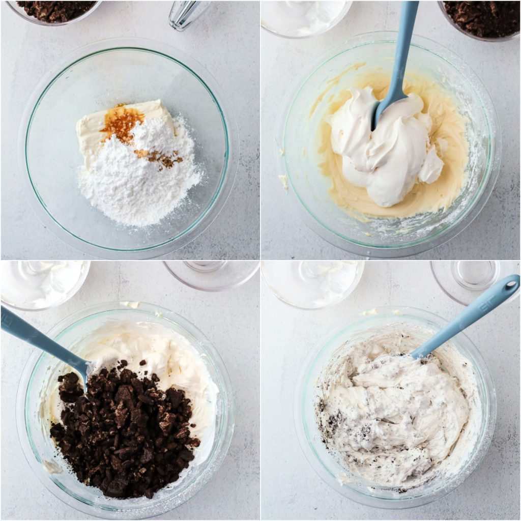 collage of 4 photos showing the process of making oreo dip.