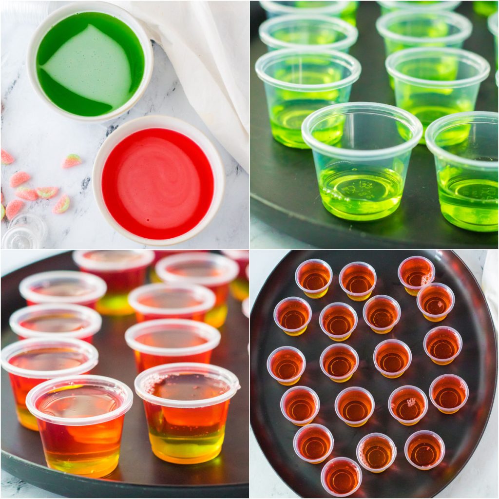 collage of 4 photos showing the process of making jello shots.