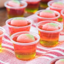 layered watermelon jello shot on a striped red towel.